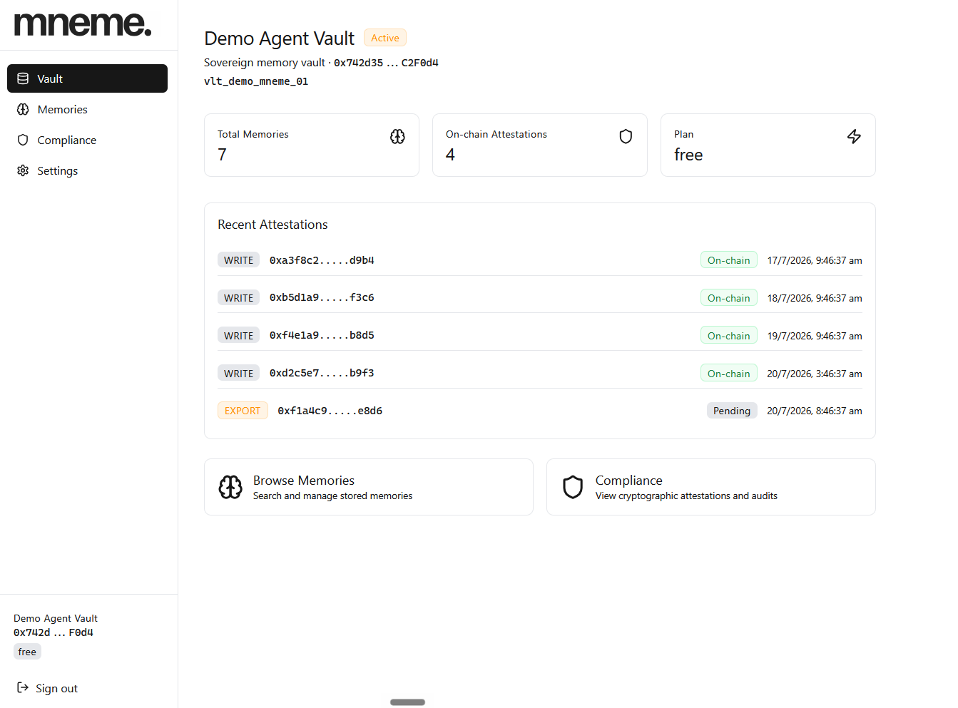 MNEME vault dashboard